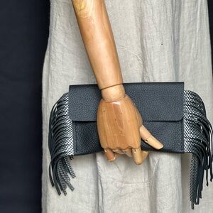 Handmade Black Leather Clutch with Silver Fringe